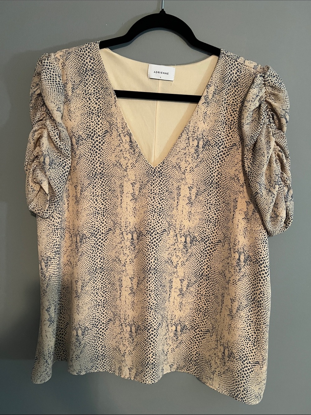 Adrienne Beige Snake-Print V-Neck Puff Sleeve Top